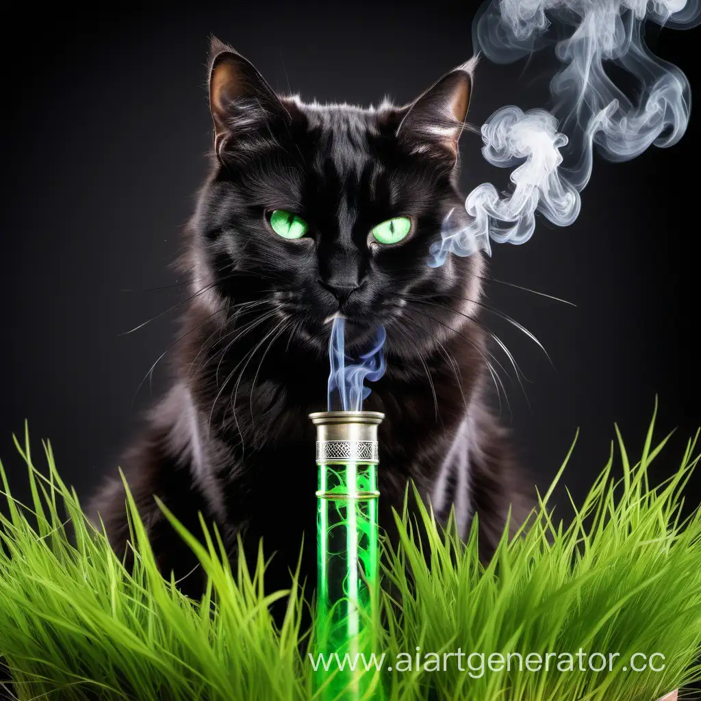 пушистая чёрна кошка с зелёными глазами курит траву через бонг 