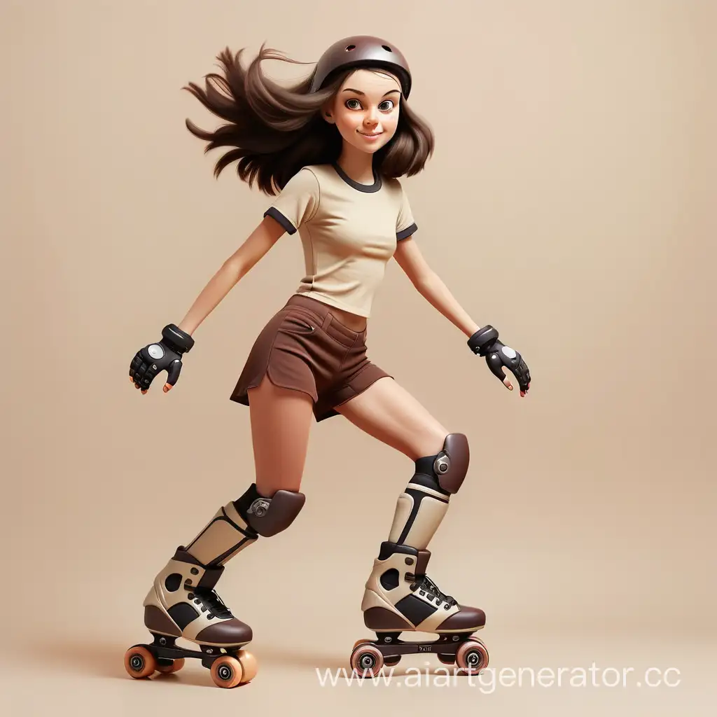 девочка с темно русыми волосами катается на роликовых коньках на бежевом фоне