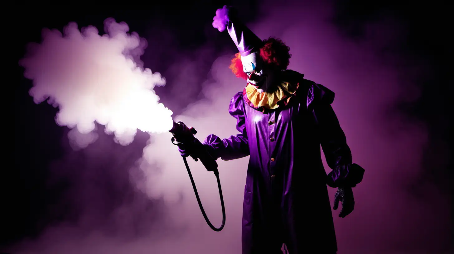 The silhouette of a mutated clown seen from behind holding a huge fire spray gun, anthropomorphic, in a dimly lit scene with fog, monochrome purple noir film, 80s crime scene, dark theme --s 200 --style raw --ar 16:9 --v 6.0