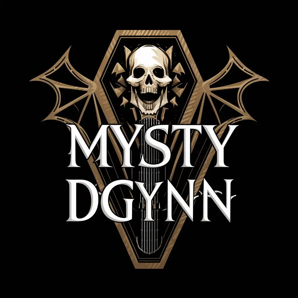 LOGO-Design-for-Mysty-Dgynn-Edgy-Coffin-Skull-Bat-Guitar-Theme-with-Typography