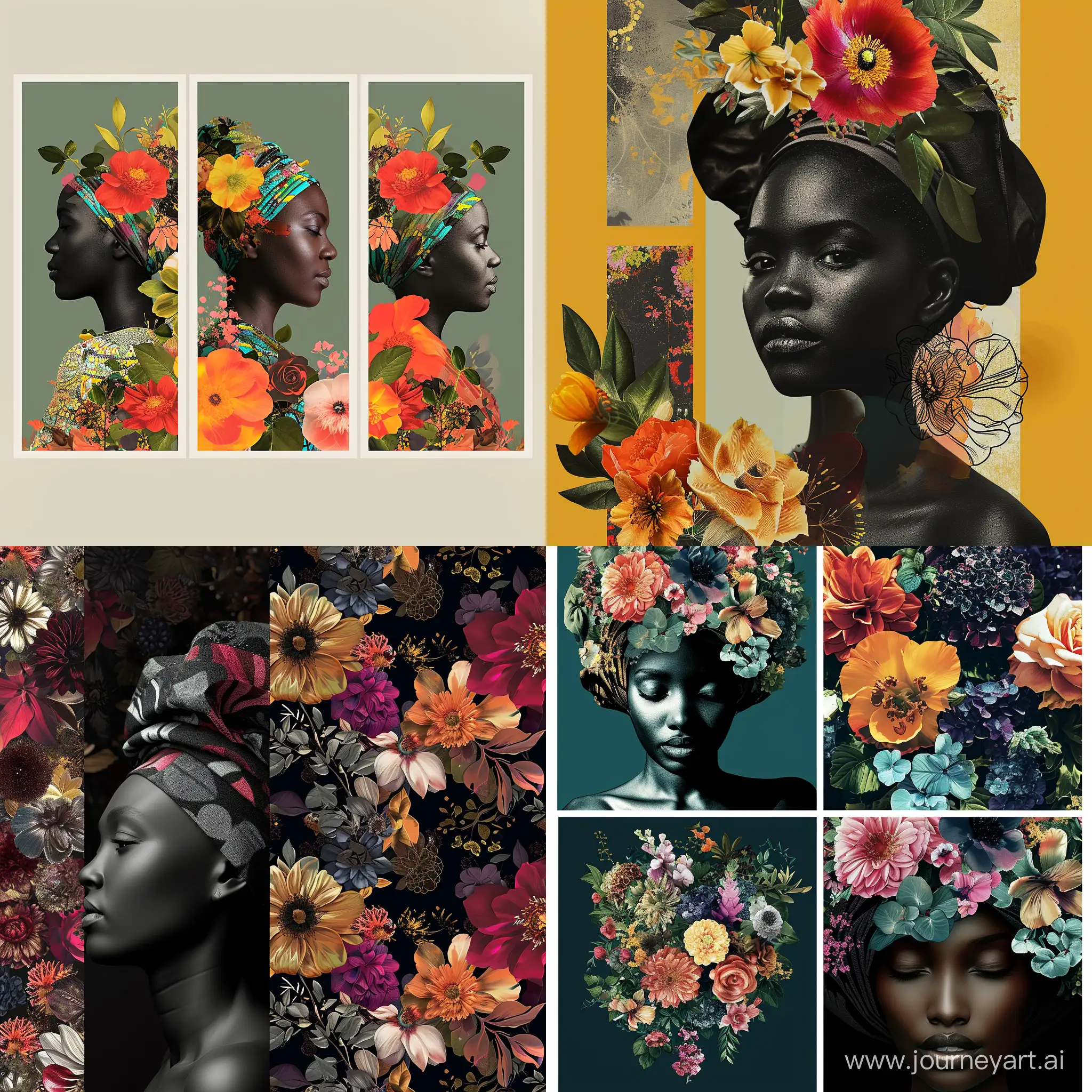 Celebrate the Beauty of Diversity: Create an ad set showcasing the elegance and vibrancy of our Black Woman Printable Wall Art. Highlight the fusion of floral elements with African-inspired portraits, encapsulating empowerment and cultural richness