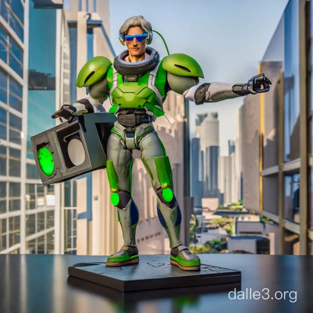 Action figure statuette, mounted on display base, white male, graying hair, futuristic vision glasses, full-body armor in the style of Overwatch hero Lucio, large high-tech headphones connected to futuristic MP3 player in left hand, large high-tech boom box as a weapon held in right hand