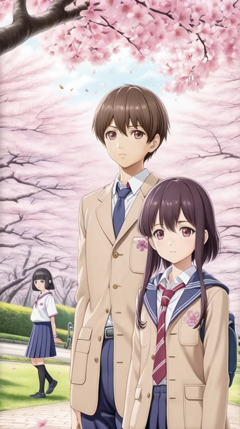 anime I Want to Eat Your Pancreas, main adult characters in beige japanese school uniform, sakura blossoms on background,  hyper-realistic, photo-realistic