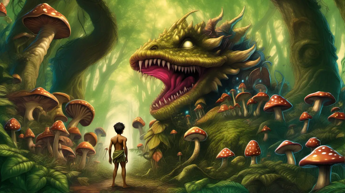 32k cgi,trippy fantasy art, in a forest of phallic mushrooms, an 18 year old happy anthropomorphic dragon boy with fae features, in a foliage loincloth, looks at a giant phallic mushroom with a wry smile on his face, trippy enchanted forest, nsfw innuendo