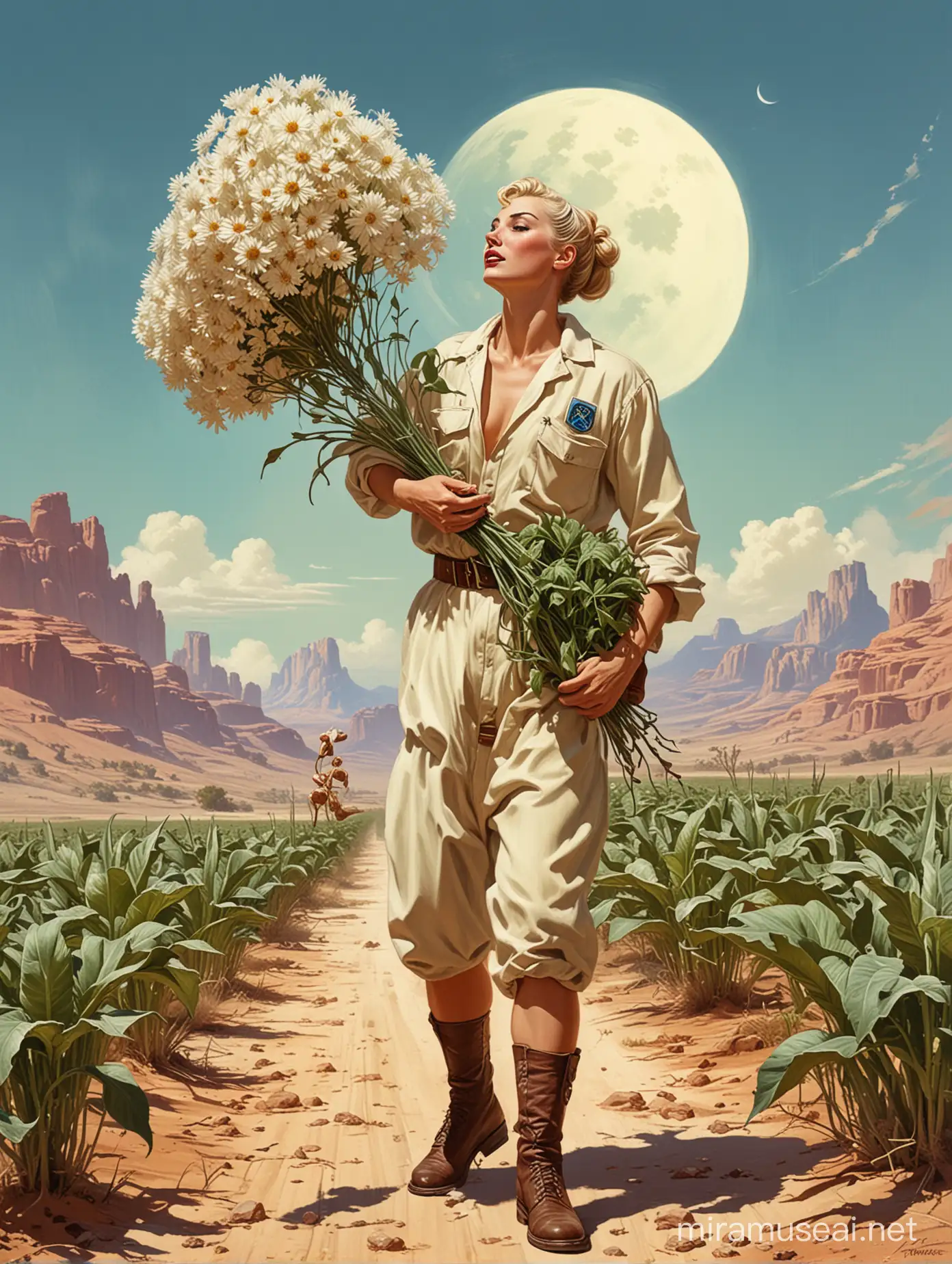 Vintage SciFi Harvest Humorous Scene of an Old Farmer with Radiolara Plants