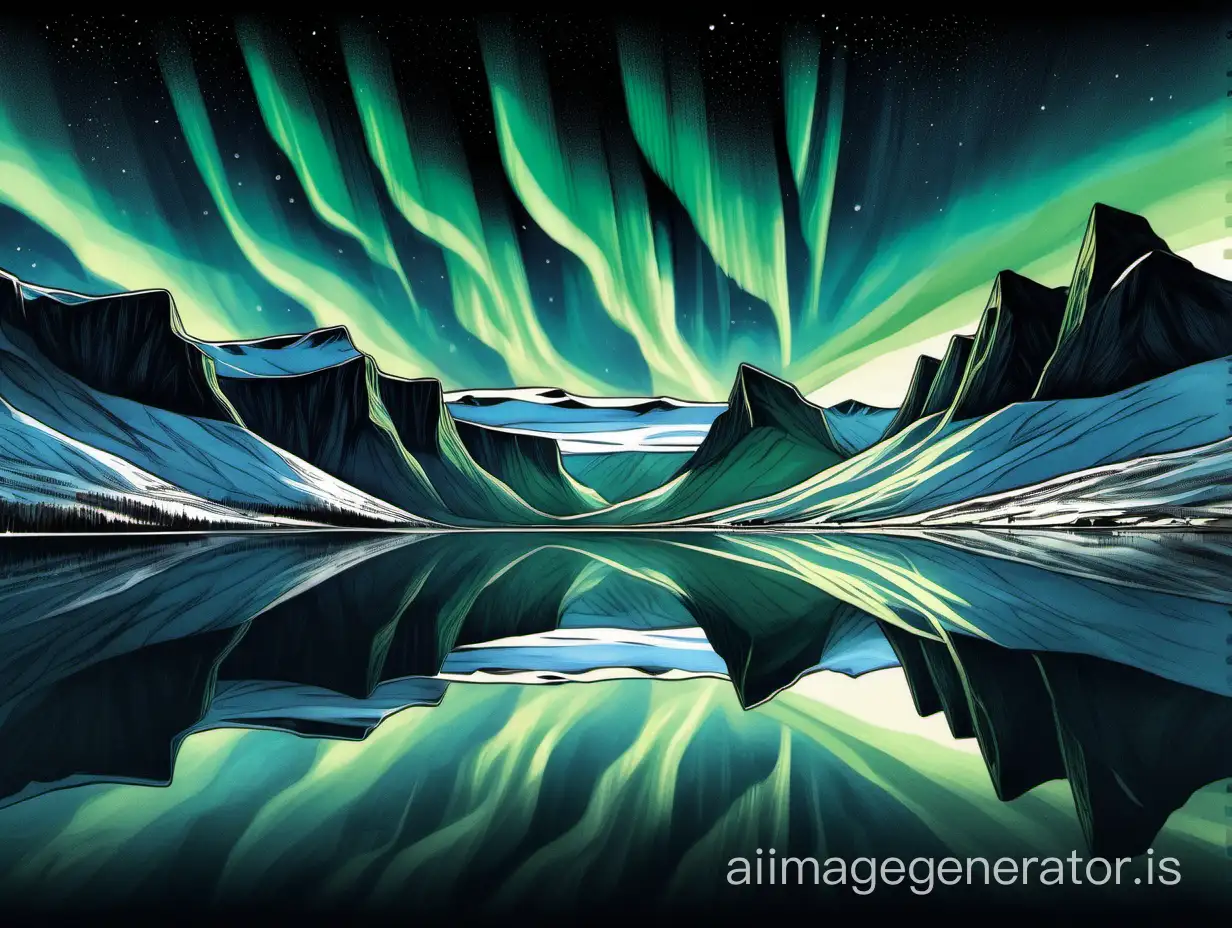 Sketch the minimalism silhouette of a tranquil Icelandic landscape with a mirrored lake reflecting the vibrant hues of the Northern Lights dancing overhead. Use fine black lines to outline the contours of the mountains, trees, and the shimmering auroras against the serene white background, capturing the ethereal beauty and once-in-a-lifetime magic of witnessing the Aurora Borealis in Iceland. With fjord