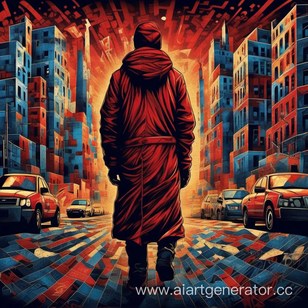 Title: Я живу в России

Subtitle: Russian Mosaic: Moscow Ablaze

Visual Elements:

An urban landscape, where stark tones dominate, contrasting with vibrant street art.
In focus - a lone figure, symbolizing the protagonist's isolation amidst the tumultuous environment.
Symbols of cultural clash and diversity: shawarma, a bottle of vodka, and graffiti depicting the complexities of Russian identity.
Color Scheme:

Deep shades of red symbolizing the passion and intensity of Russian life.
Cool blues and grays reflecting the urban grit and cold reality faced by the protagonist.
Accents of gold and neon hinting at the allure and danger lurking in the shadows.
Font Style:

Bold, Cyrillic-inspired typeface for the chorus, representing the anthem-like quality of the lyrics, echoing the underground subculture explored in the track.
Subtle hints of traditional Russian calligraphy in the background add depth to the design.
Mood:

Gritty yet vibrant; chaotic yet alluring.
Captures the raw energy and contradictions of contemporary Russian society.
Invites viewers to delve into the complex layers of identity, culture, and rebellion depicted in the lyrics.