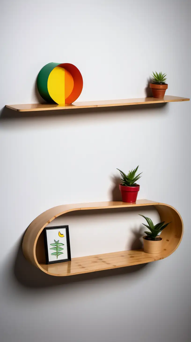 A long floating shelf, made from bamboo ply, a single curved piece shaped like a traffic light, with top and bottom shelves, oblong shape, small items on shelf for decoration.
