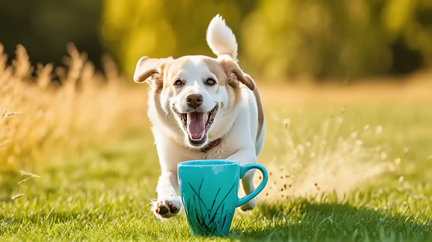 happy dog running past a coffee mug in the grass. vibrant colors


