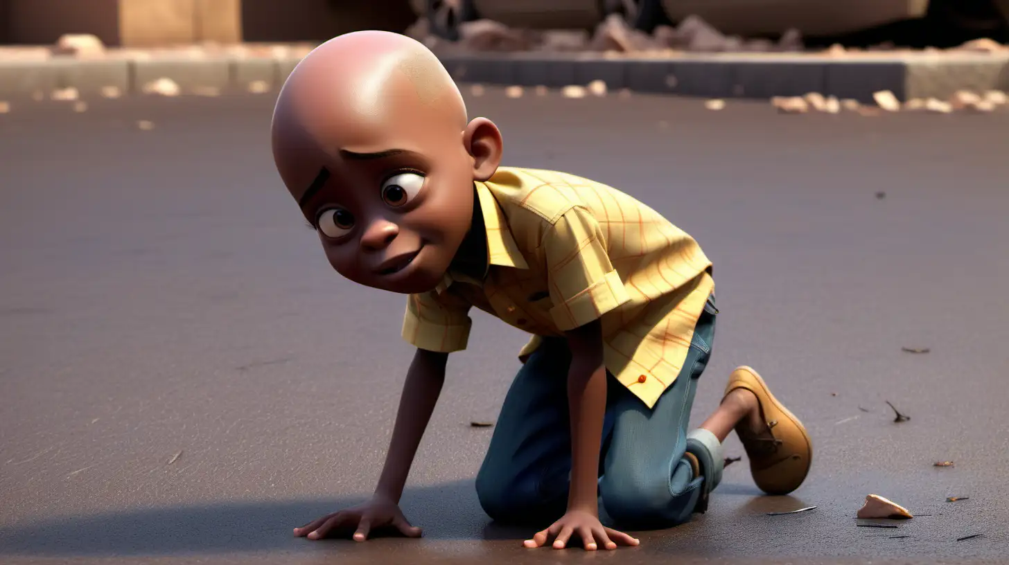 pixar style African boy, bald, yellow button up shirt fell on the ground