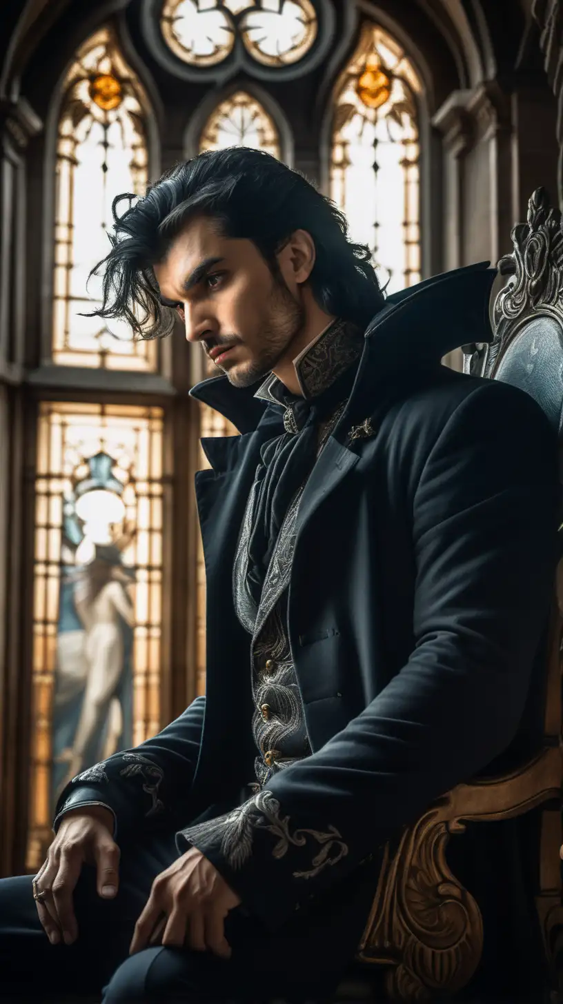 low angle photograph of handsome male vampire with disheveled black hair and a short beard in his thirties. he is sitting in a large, antique, ornate big throne, in a powerful authoritarian pose. Grim ambient light. he is wearing glamorous dark gothic style shirt and pants. he has a black cloak on, dark, medieval, castle throne room with bright windows illuminating the room with golden beams penetrating the dense black mist in the room. dense Black mist is swirling around him. diagonal angle view, in the style of Alfons Mucha, grim, dark, with emphasis on light play and the transparency of the glass, High and short depth of field, Ray tracing, hyperdetailed, hyper realistic, epic portrait, in dynamics, rich, cinematic color grading, stunning, photorealistic, 8k, shot on Canon EOS-1D X Mark III, photorealistic painting, e video, photo taken of an epic intricate, The camera settings are carefully chosen to emphasize the soft light and the subject: an aperture of f/5. 6, ISO 200, and a shutter speed of 1/125 sec, cinematic 35mm --ar 51:91 --s1000
