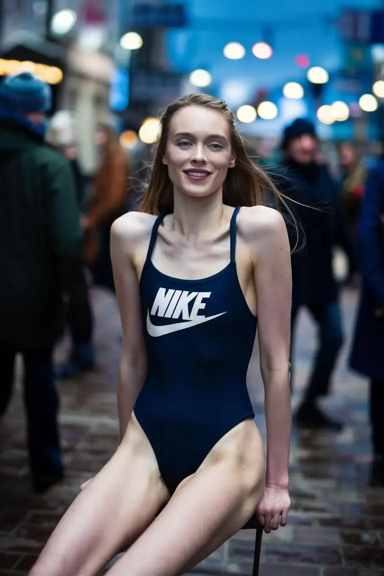 A beautiful cute 24-year-old skinny Dutch woman model with long hair wearing a Nike dark-blue super-high-leg-cut competition one-piece-swimsuit, sitting on a chair in a crowded street in the winter, She has a shy cute smile