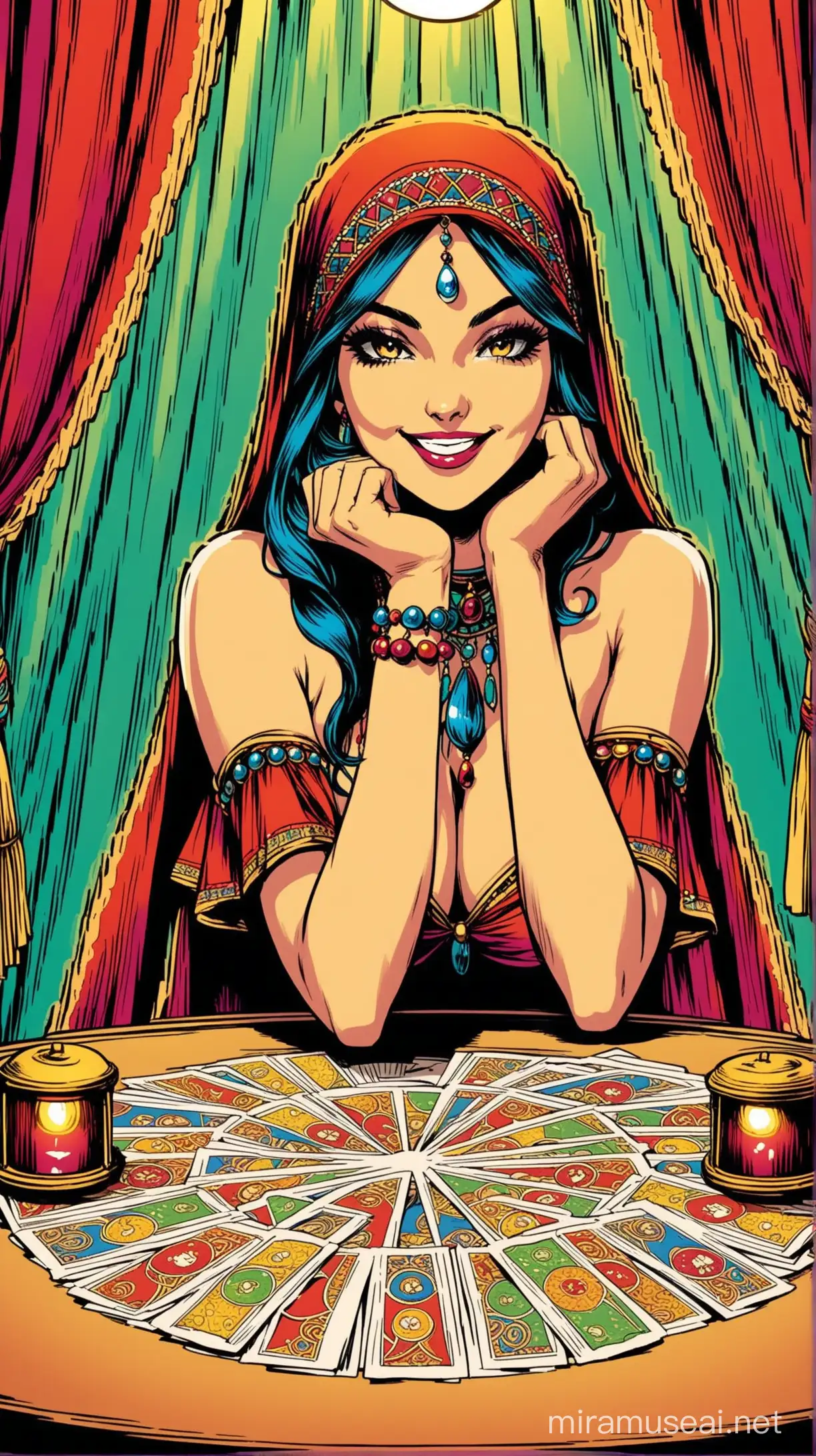 beautiful female fortune teller, smiling, sexy, gypsy, sitting behind table, mysterious curtains, marvel comic style, vintage