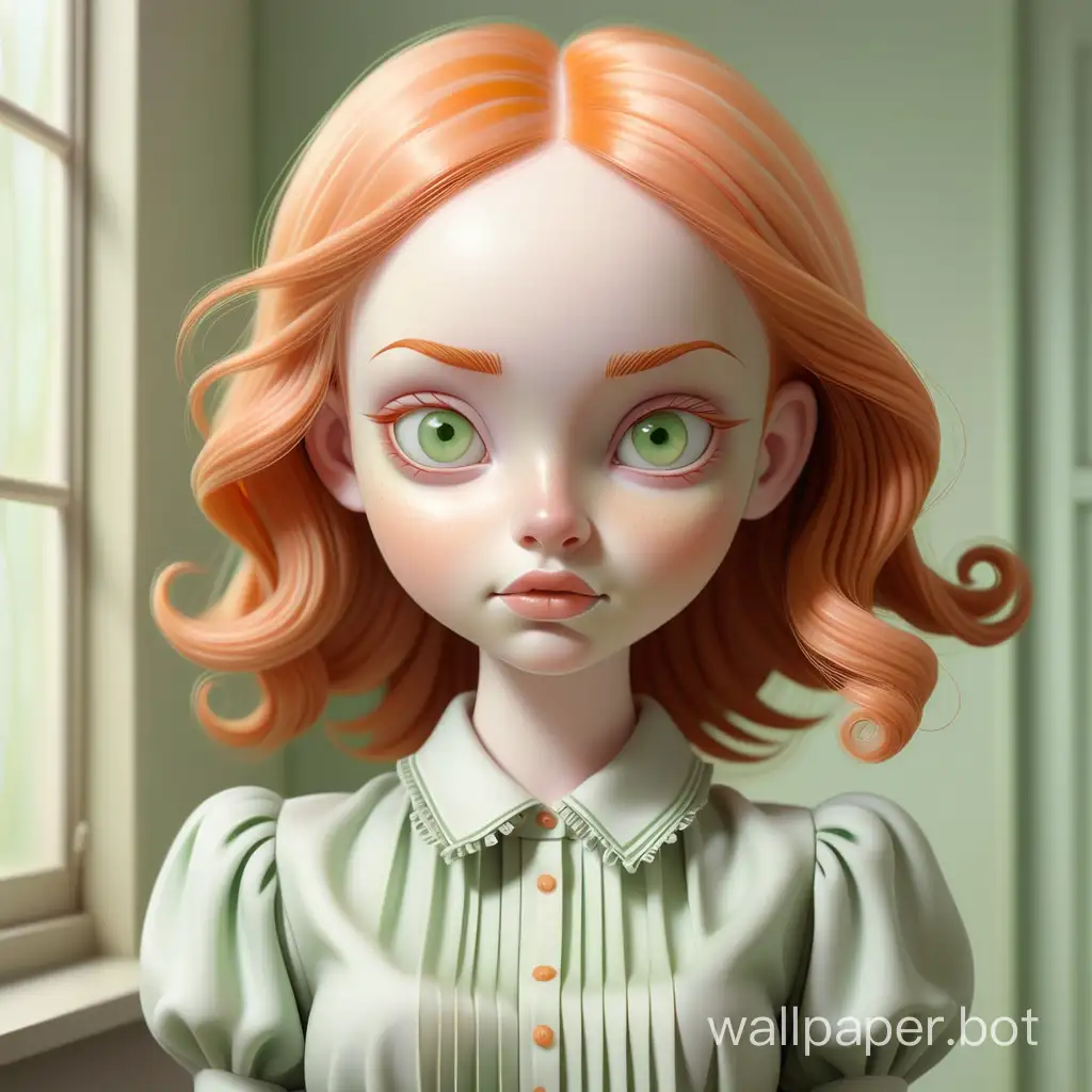girl with orange hair, detailed reflecting green eyes, full lips, light smile, clean skin, clothing - blouse and pleated skirt, sharpness. soft delicate pastel colors, natural light. high quality, high detail. style Mark Ryden