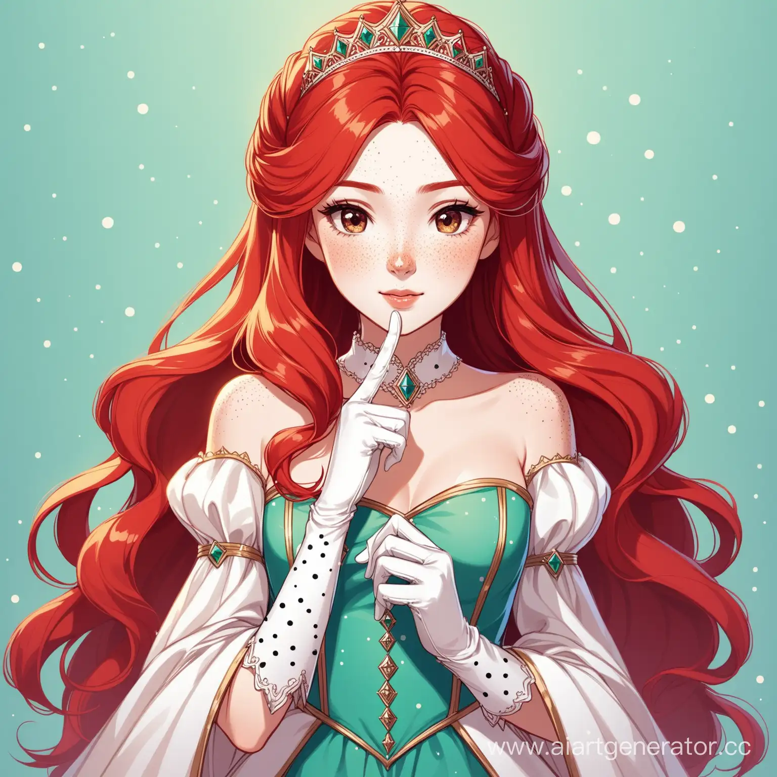 рыжая девушка принцесса аристократка в платье с веснушками и перчаткой на руке