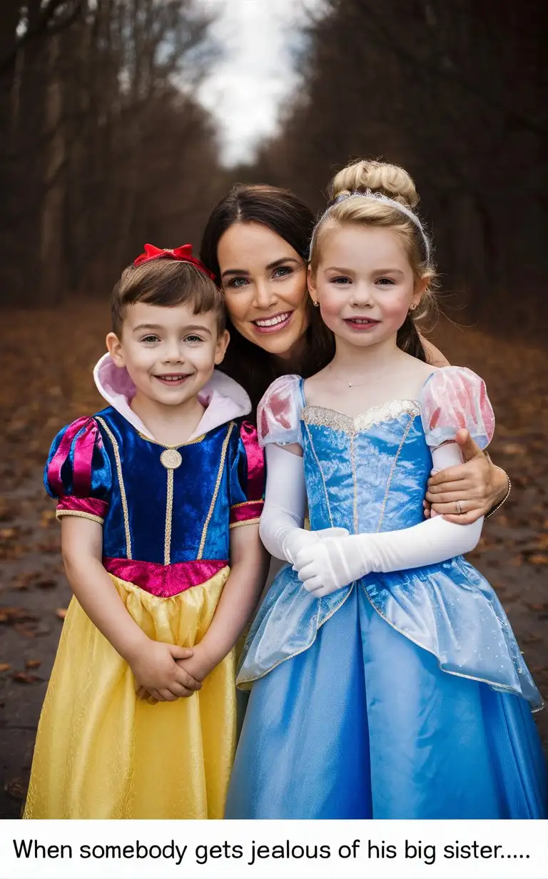 Gender role-reversal, Photograph of a mother and young son, a boy age 8 with a cute face, and her young daughter, a girl age 9, in a kitchen, the mother is dressing both of her children up in Disney Princess dresses for fun on a dull day, she is dressing the boy up in a pink Snow White princess dress, and she is dressing the girl up in a blue Cinderella costume princess dress, adorable, perfect children faces, perfect faces, clear faces, perfect eyes, perfect noses, smooth skin, the photograph is captioned below “when somebody gets jealous of his big sister…”