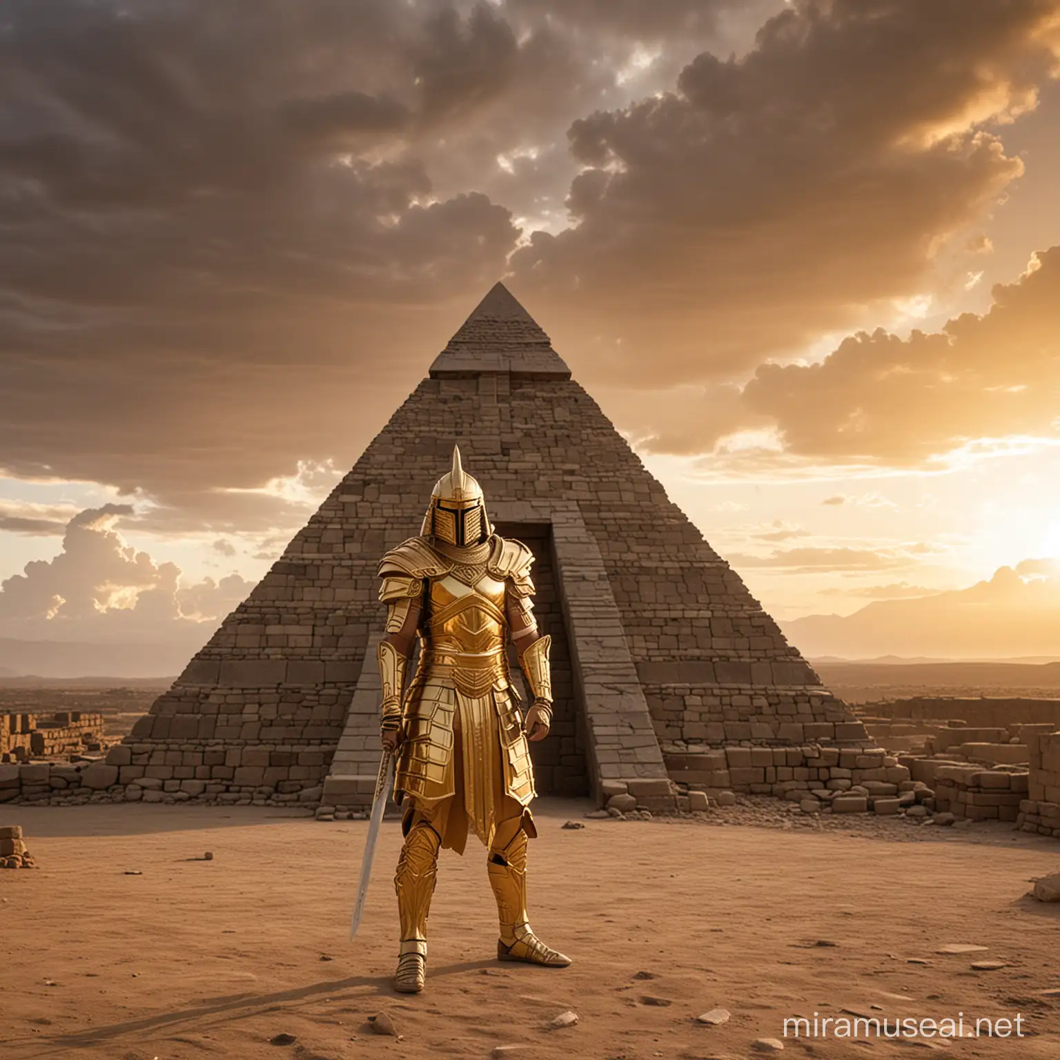 The image shows a person wearing a 
Gold garment and holding a sword. The person appears to be in some kind of Gold armor or protective clothing.The image depicts a stone building with a pyramid structure in an outdoor setting. The background includes a cloudy sky during either a sunset or sunrise. Additionally, there is a person in armor holding a sword in the image.