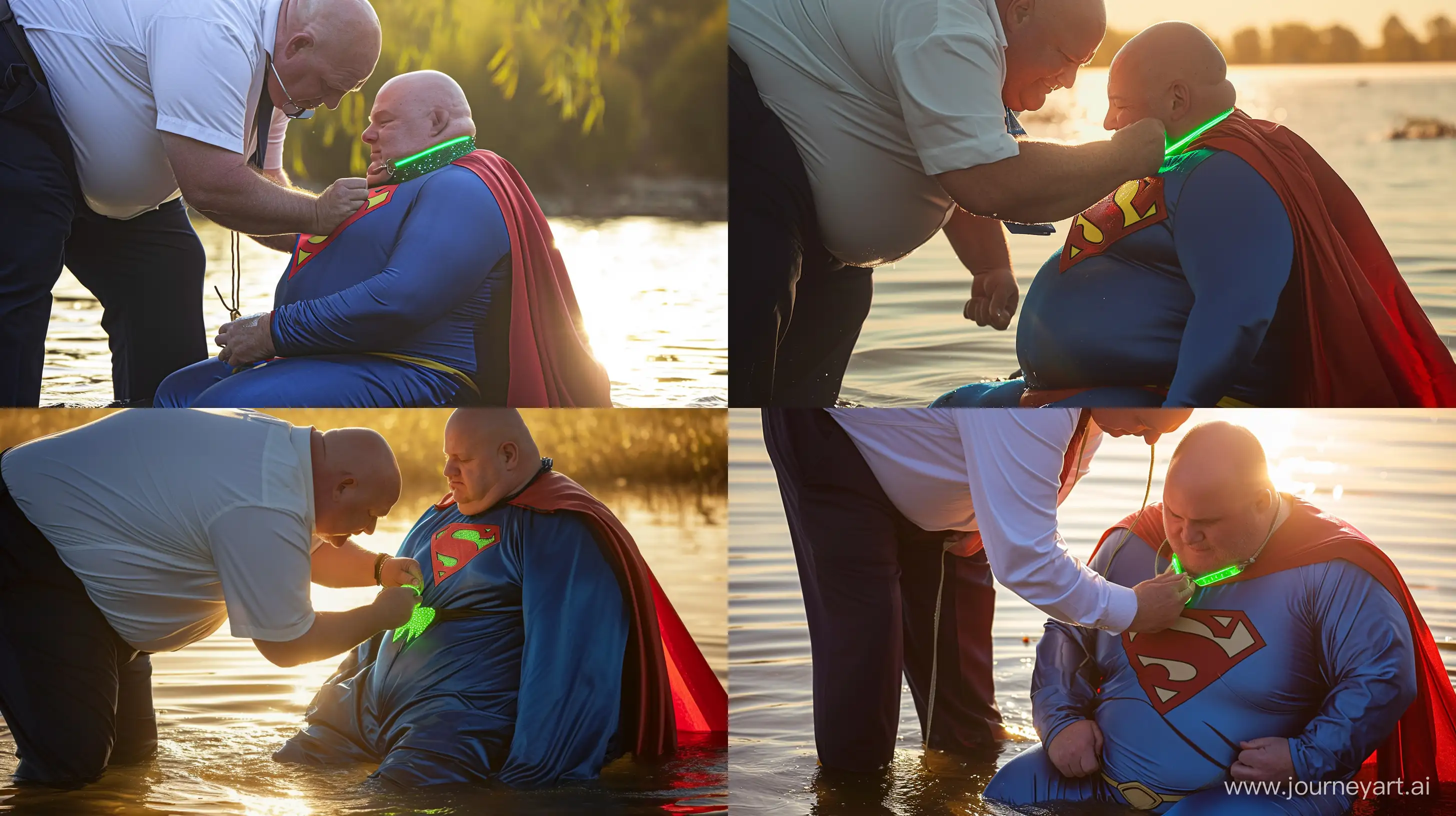 Close-up photo of a chubby man aged 60 wearing a navy business pants and a white shirt, bending over and tightening a green glowing small short dog collar on the neck of another chubby man aged 60 sitting in the water and wearing a blue silky superman costume with a large red cape. Direct Sunlight. Outside. Bald. Clean Shaven. --style raw --ar 16:9 --v 6