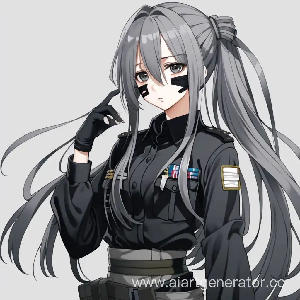 Аниме девушка с длинными пепельными волосами закрывающие одну половину лица, в чёрной одежде, на поясе кофта, серые глаза, на руке и на теле бенты, военная