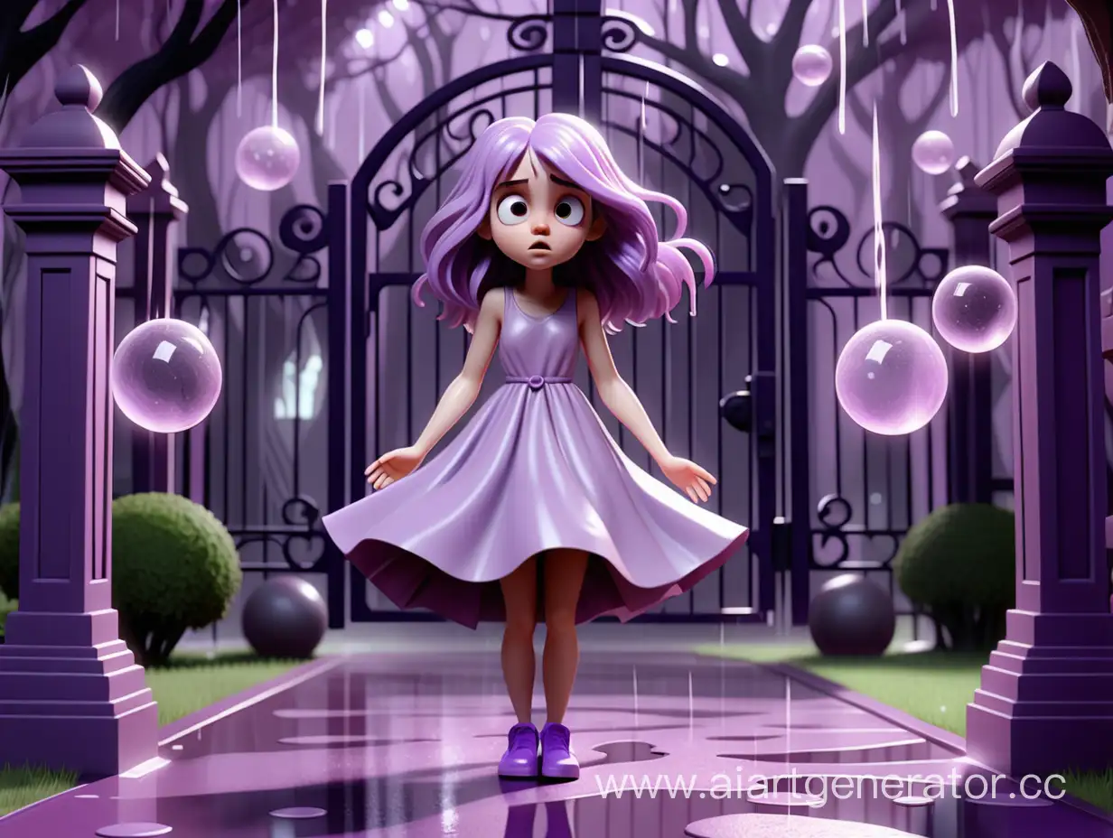 Девушка с светлыми-фиолетовым волосами светло-фиолетовым платьем и светло-фиолетовым туфлями стоит под воротами а на неё льётся страхи дождь а вокруг деревья светло-фиолетовые а кристальными шариками светло-фиолетовым  которые лежат на земле
 3д анимация