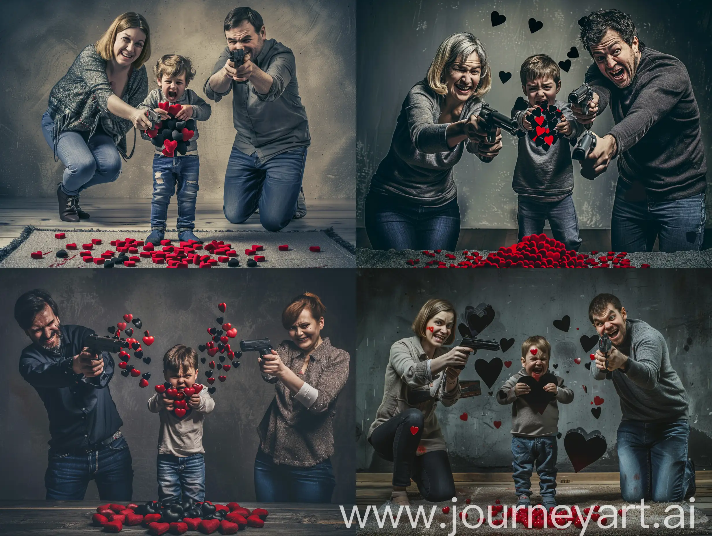 Cinematic dark horror photo of A weird smiling middle-aged man and woman pointed their guns at the head of the child standing between them. A middle-aged man and woman pointed their guns and shot many red hearts out of the barrel towards the cute little child standing between them. The child cried pitifully and held many black hearts in his embrace. There was a pile of hearts on the floor under the child's feet.