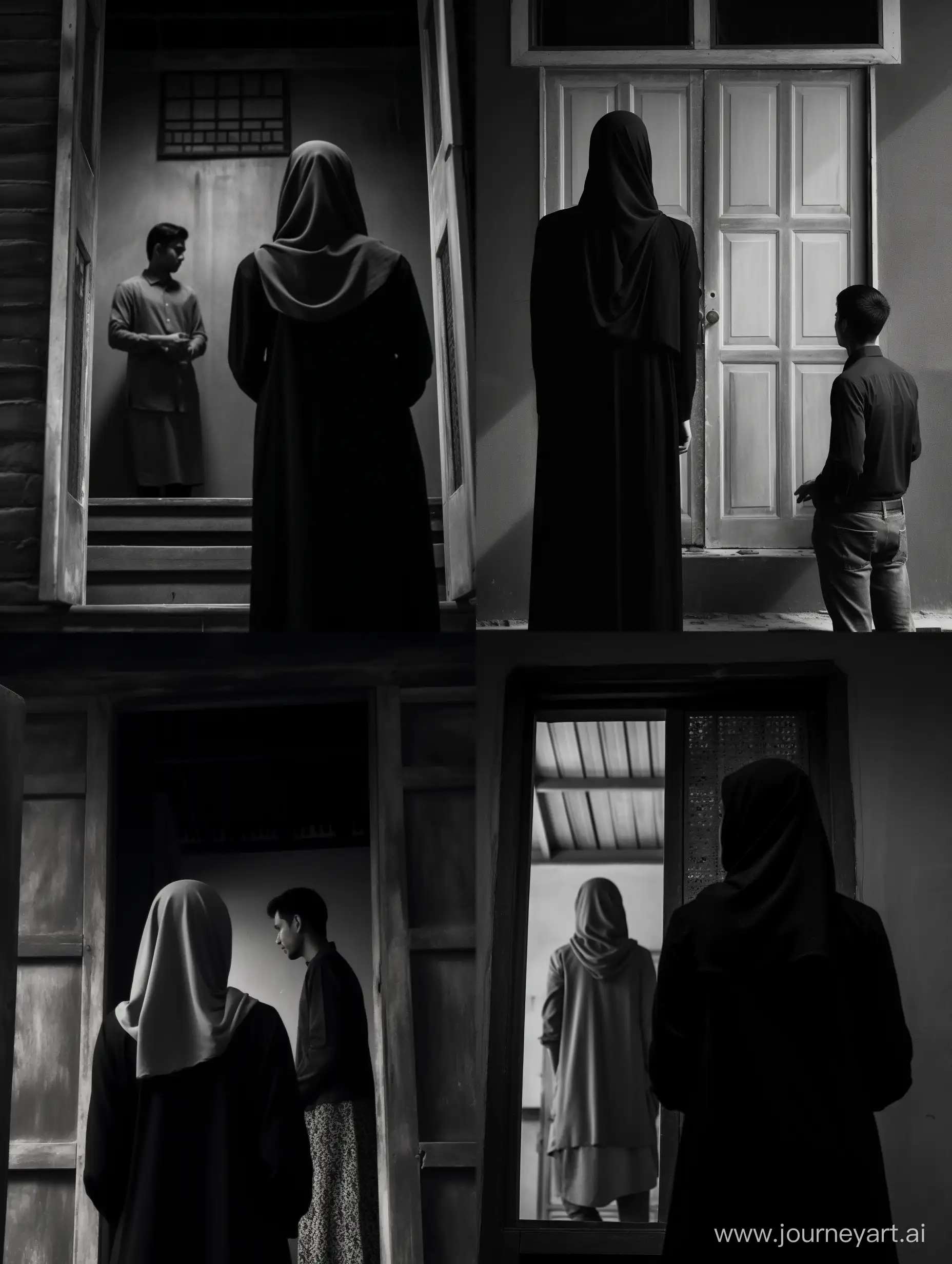 From behind, a 30 year old indonesia man, black and white shirt, and a 29 year old woman wearing a hijab, are standing in the front of the door of a simple house, movie scene