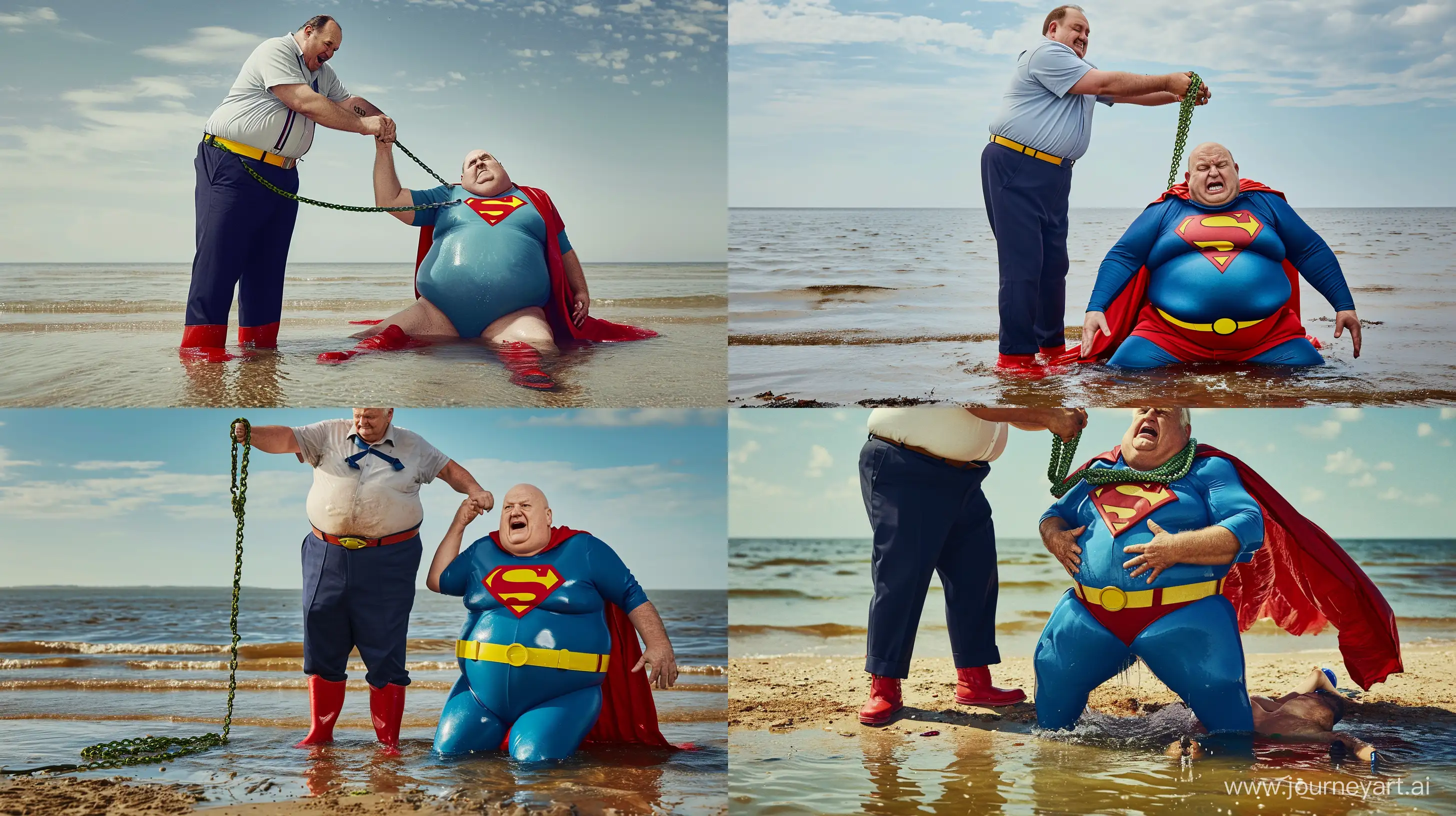 Joyful-Beach-Scene-Happy-Man-Tightening-Green-Chain-on-Fearful-Superman