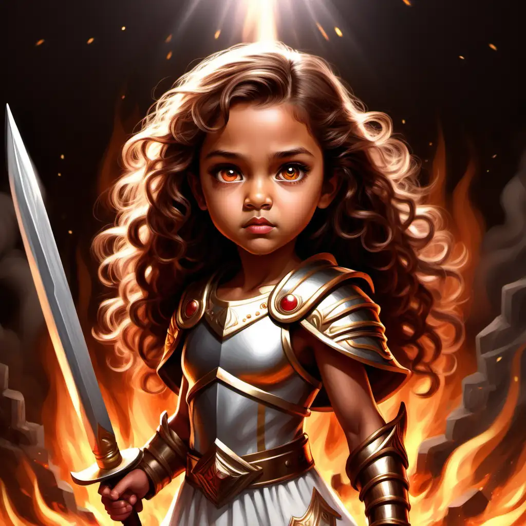 Flat art, children's book, cute, 5 year old girl, tan skin, light hazel eyes, serious fierce expression, eyes looking straight ahead, long tight curl brown hair, angelic, beautiful, warrior clothing, fire