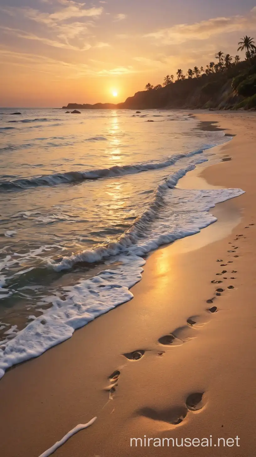 Tranquil Sunset Beach Scene with Serene Ocean and Soft Sand