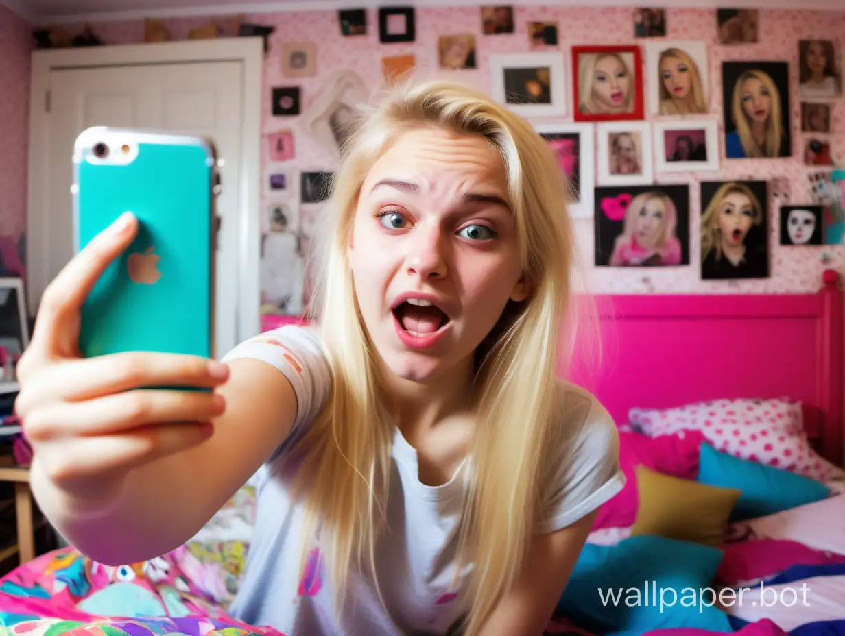 Pretty blonde teenage girl taking a selfie of herself pulling faces with an iPhone in her colorful but cluttered bedroom, realistic details