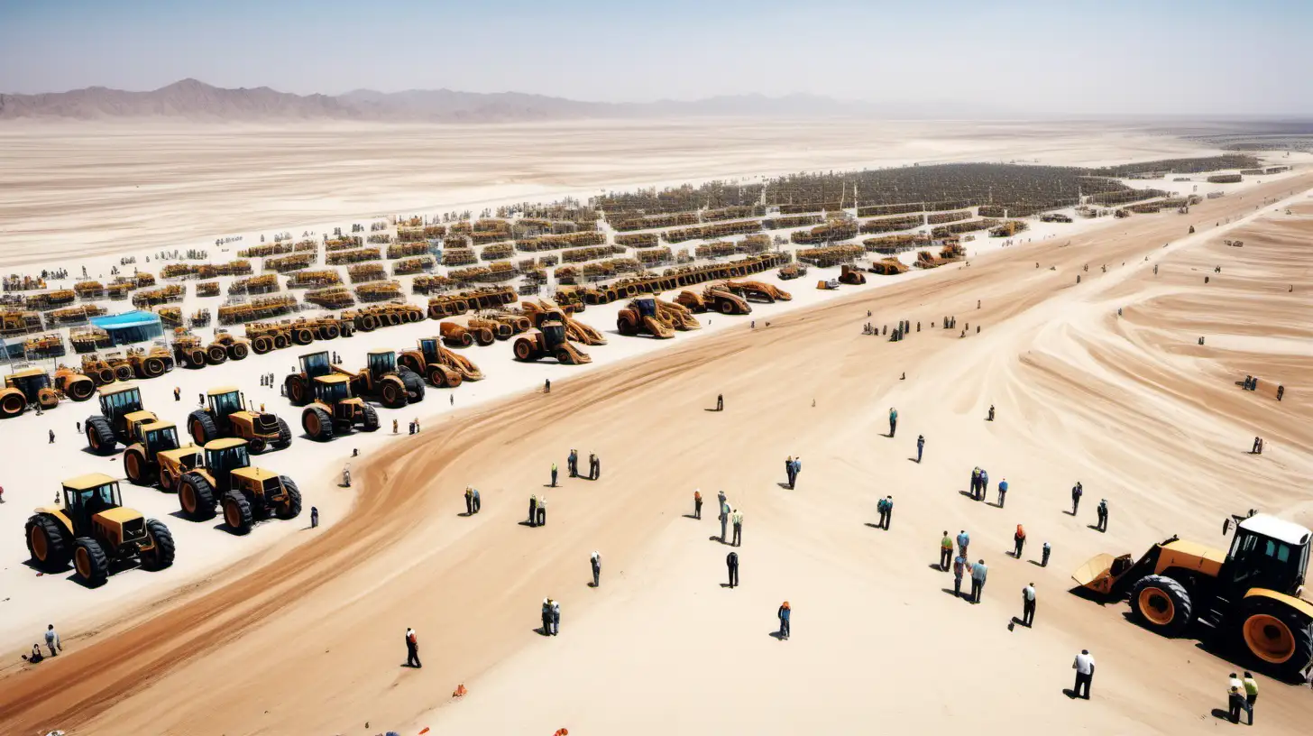 Massive Construction Effort Mega Tractors and Workers Transforming Vast Desert