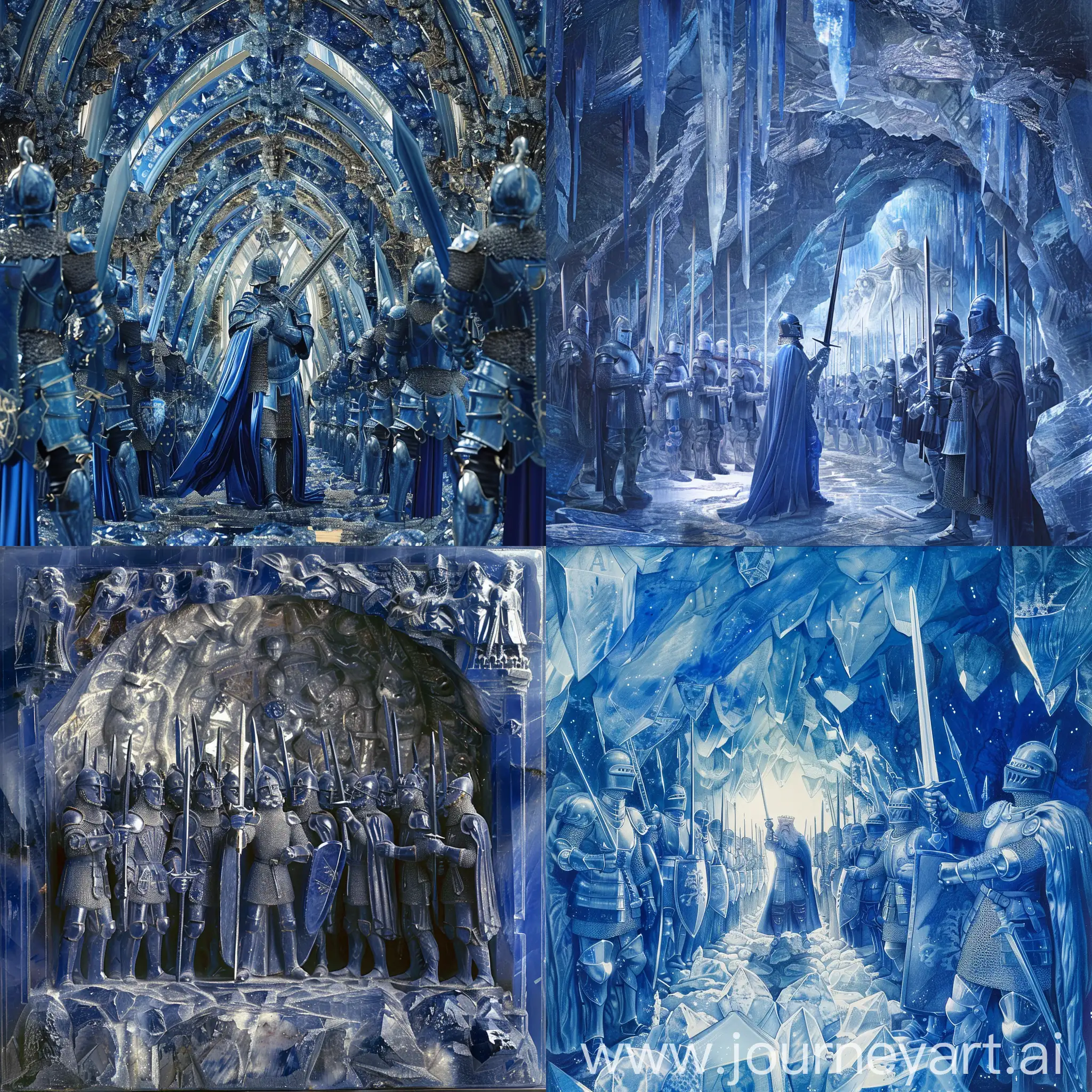 hall chamber made of sapphire with a lot of knights and king holding a sword