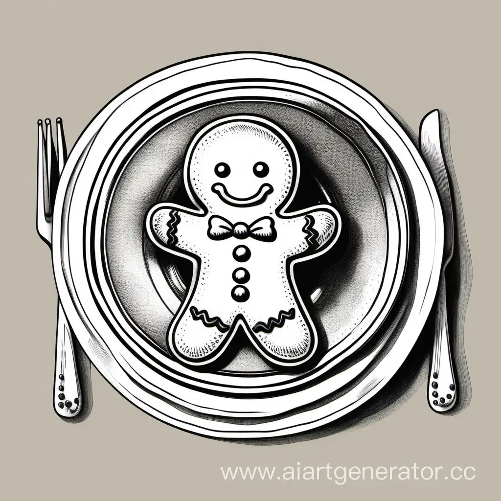 A drawing with a simple pencil, there is a gingerbread man on a plate, in a retro style, black and white drawing.