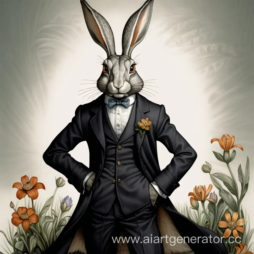 антропоморфный заяц,long black coat,чешуйчатые когтистые руки,хитрый взгляд,цветок за ухом