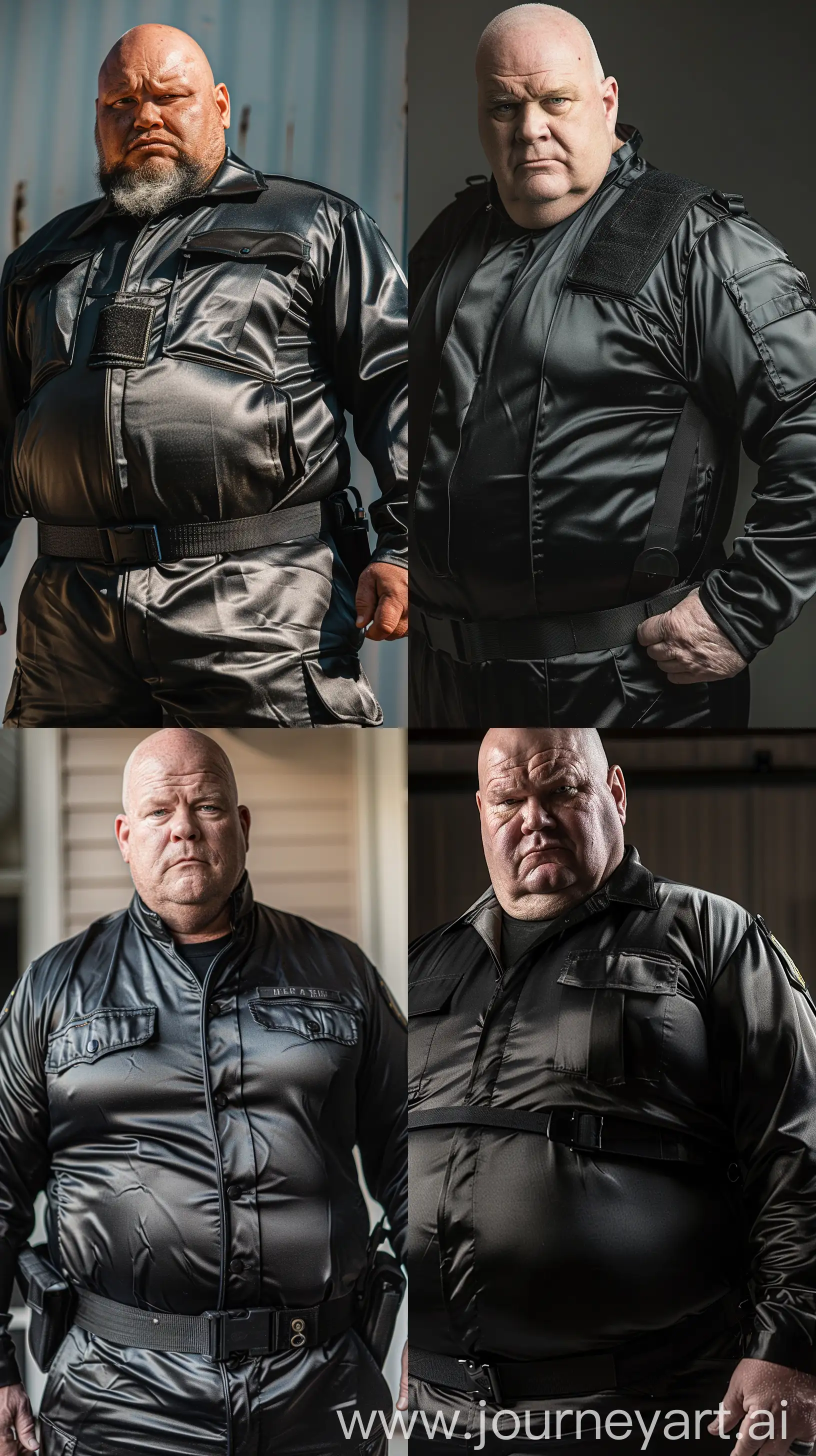 High-angle close-up photo of a fat man aged 60 wearing a silk black security guard skinny-fitted full coverall. Black tactical belt. Bald. Clean Shaven. Natural light. --style raw --ar 9:16
