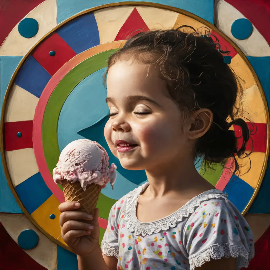 Girl Enjoying Ice Cream in Profile with Tarsila do Amaral Painting Style