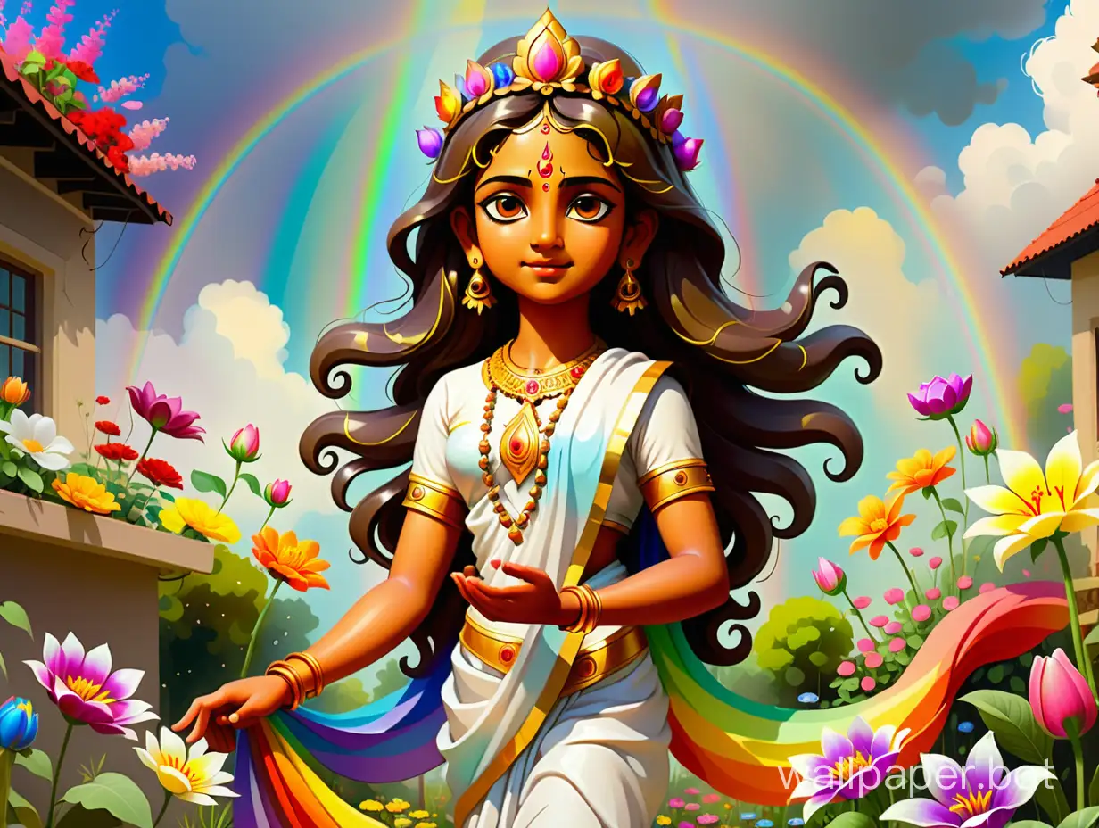 merciful goddess Lakshmi girl 12 years old at full height amidst a blooming garden under the sky with a rainbow impressionism