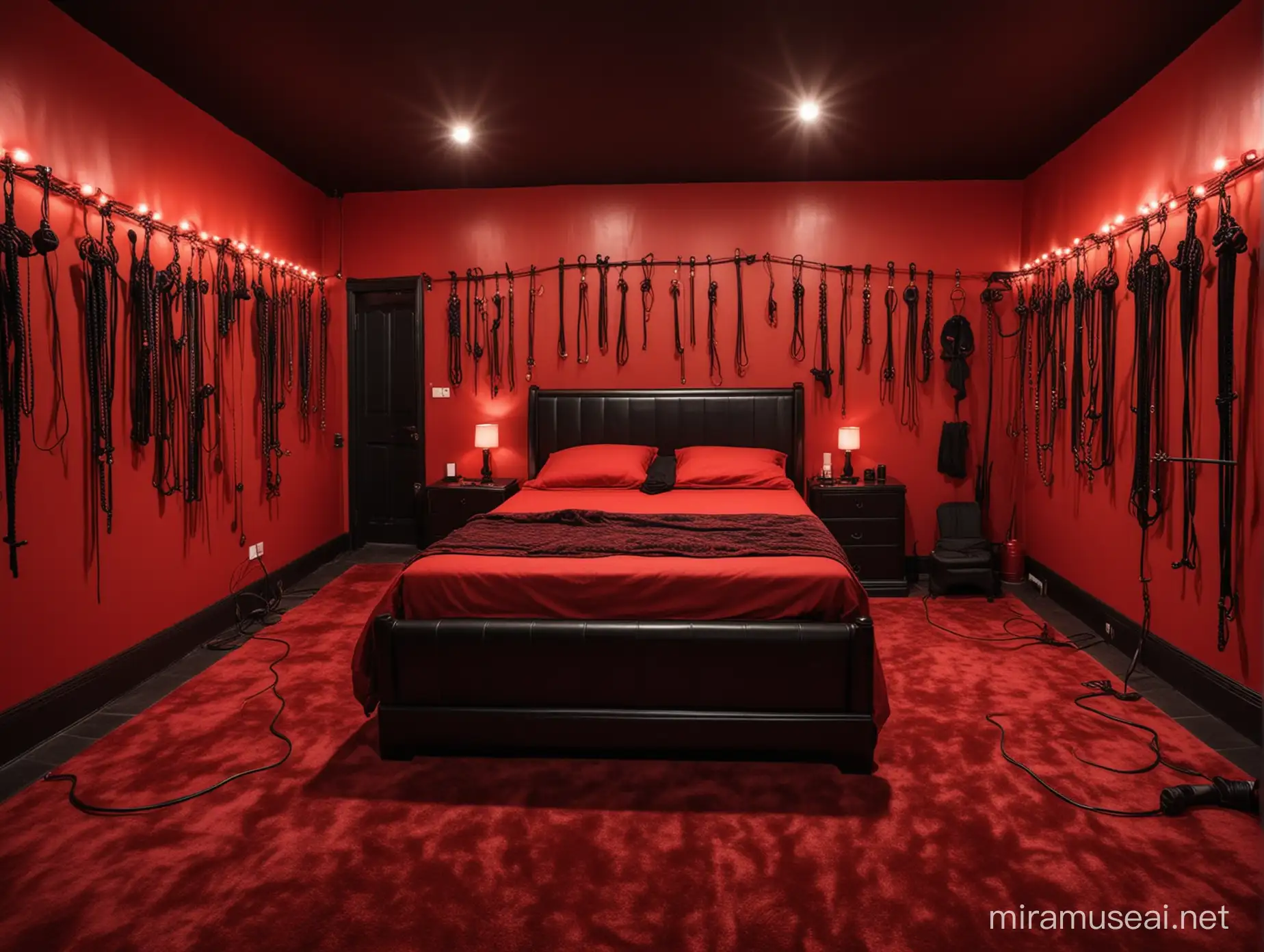 Una habitación de castigos sexuales, llena de juguetes sexuales de todo tipo, con paredes rojas en decorado negro, con tipos diferentes de látigos, una cama para castigos sexuales y con luces LED color rojo iluminando la habitación 