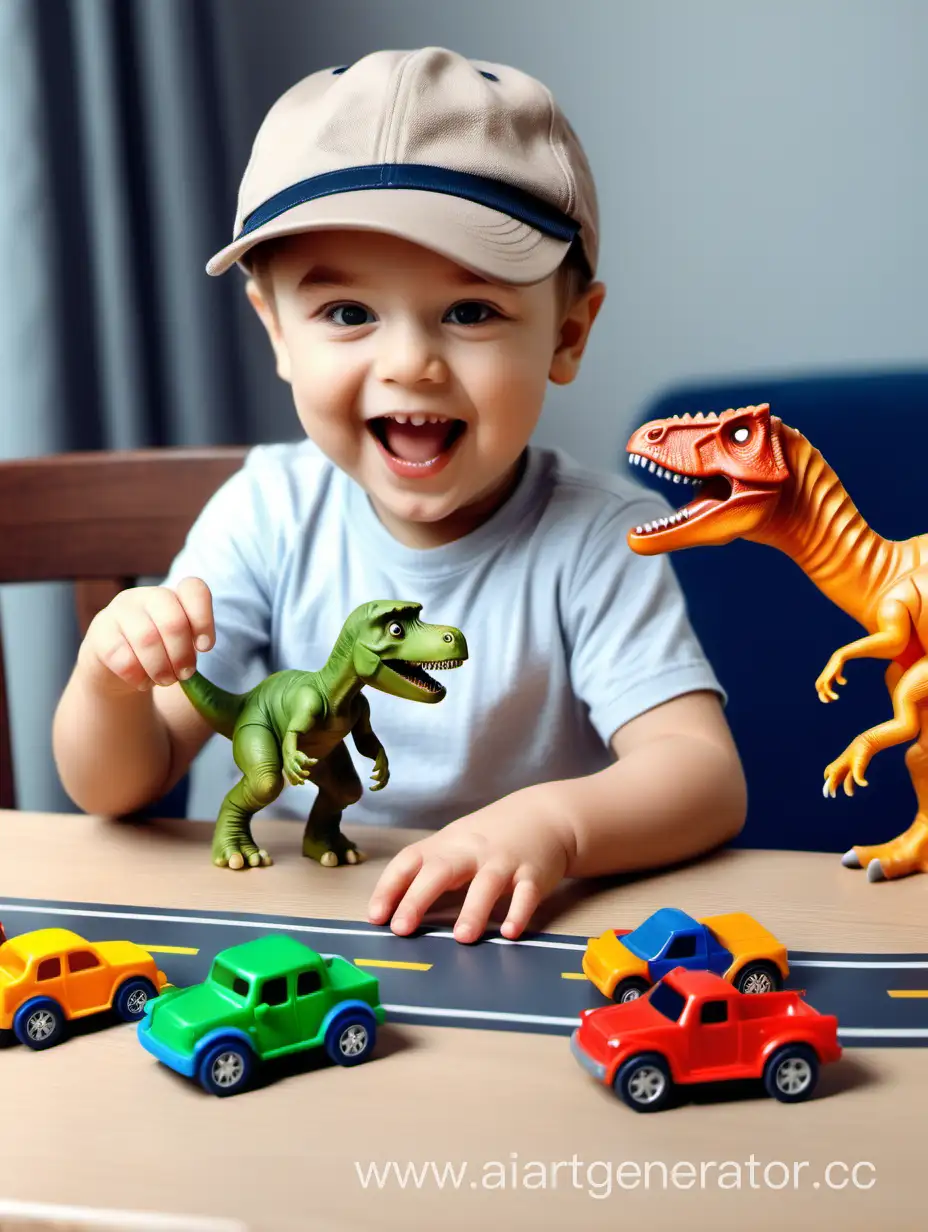 little happy boy in a cap with a dinosaur playing with cars at the table