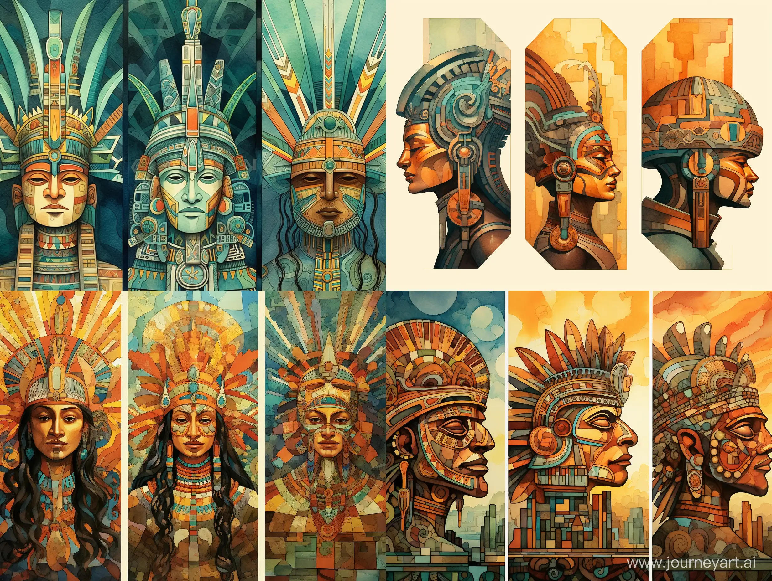 three variants, views of the ancient Aztec civilization, fabulous illustration, stylized caricature, Victor Ngai, watercolor, decorative, flat drawing