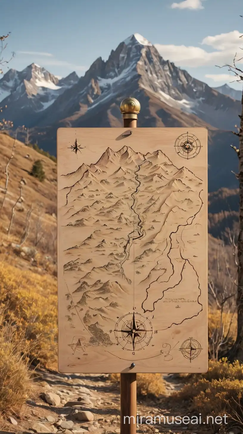 outline of a mountain range with a path winding to the mountain range, wood directional sign, hidden compass, hidden map