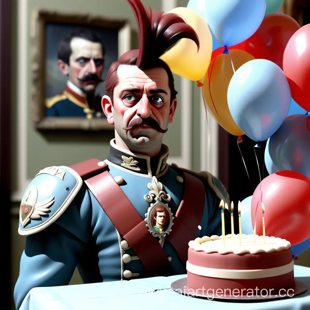 Сгенерируй фото Гуся, который является гусаром, у которого сегодня день рождения, с шариками и тортиком на заднем фоне