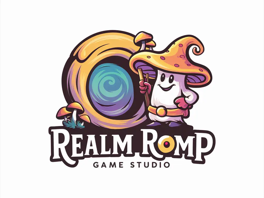 Fantasy Game Studio Logo Realm Romp with Shroom Wizard Portal