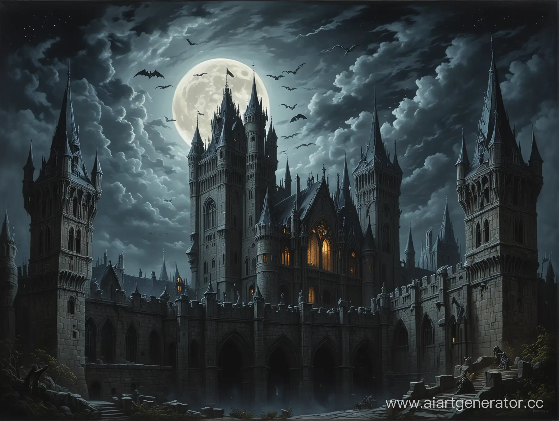 Gothic painting of an ancient castle at night, with a full moon, gargoyles, and shadows (Готическая картина старинного замка в ночное время с полной луной, горгульями и тенями).