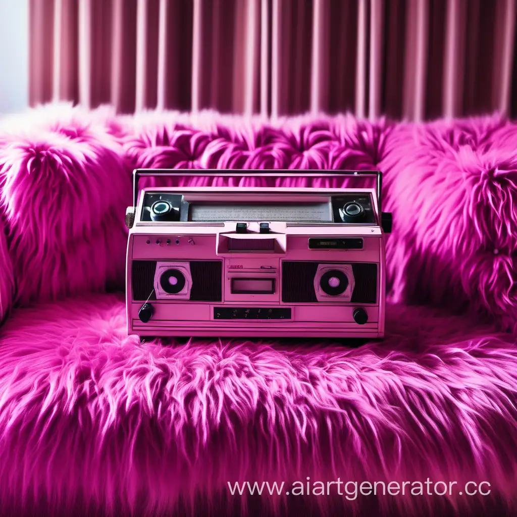 Розово фиолетовый старый магнитофон на розово фиолетовом пушистом диване