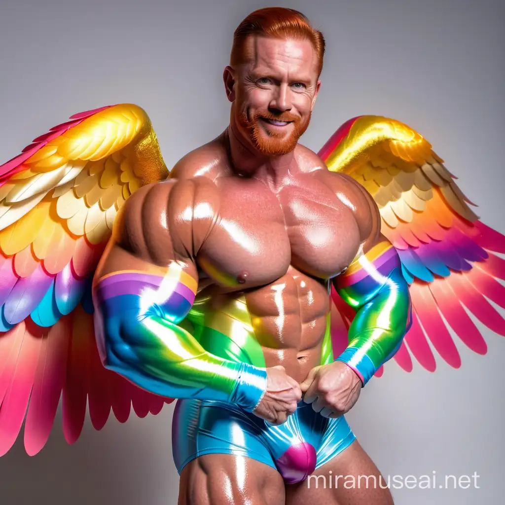 Ultra Beefy Redhead IFBB Bodybuilder Flexing with RainbowColored SeeThrough Eagle Wings Jacket and Doraemon