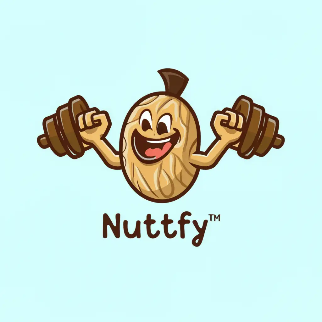 a logo design,with the text "Nuttify", main symbol:a peanut with smily face muscular hands lifting dumble,Moderate,clear background