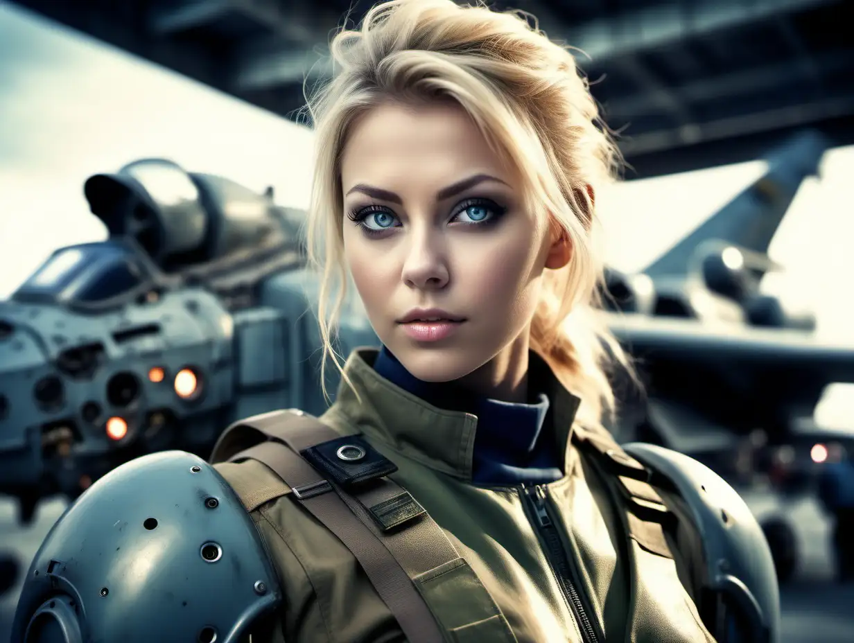 Beautiful Nordic woman, very attractive face, detailed eyes, big breasts, dark eye shadow, messy blonde hair, dressed in a military flight suit, close up, soft light on face, rim lighting, facing away from camera, looking back over her shoulder, giant colored robot in the background, photorealistic, very high detail, extra wide photo, full body photo, aerial photo