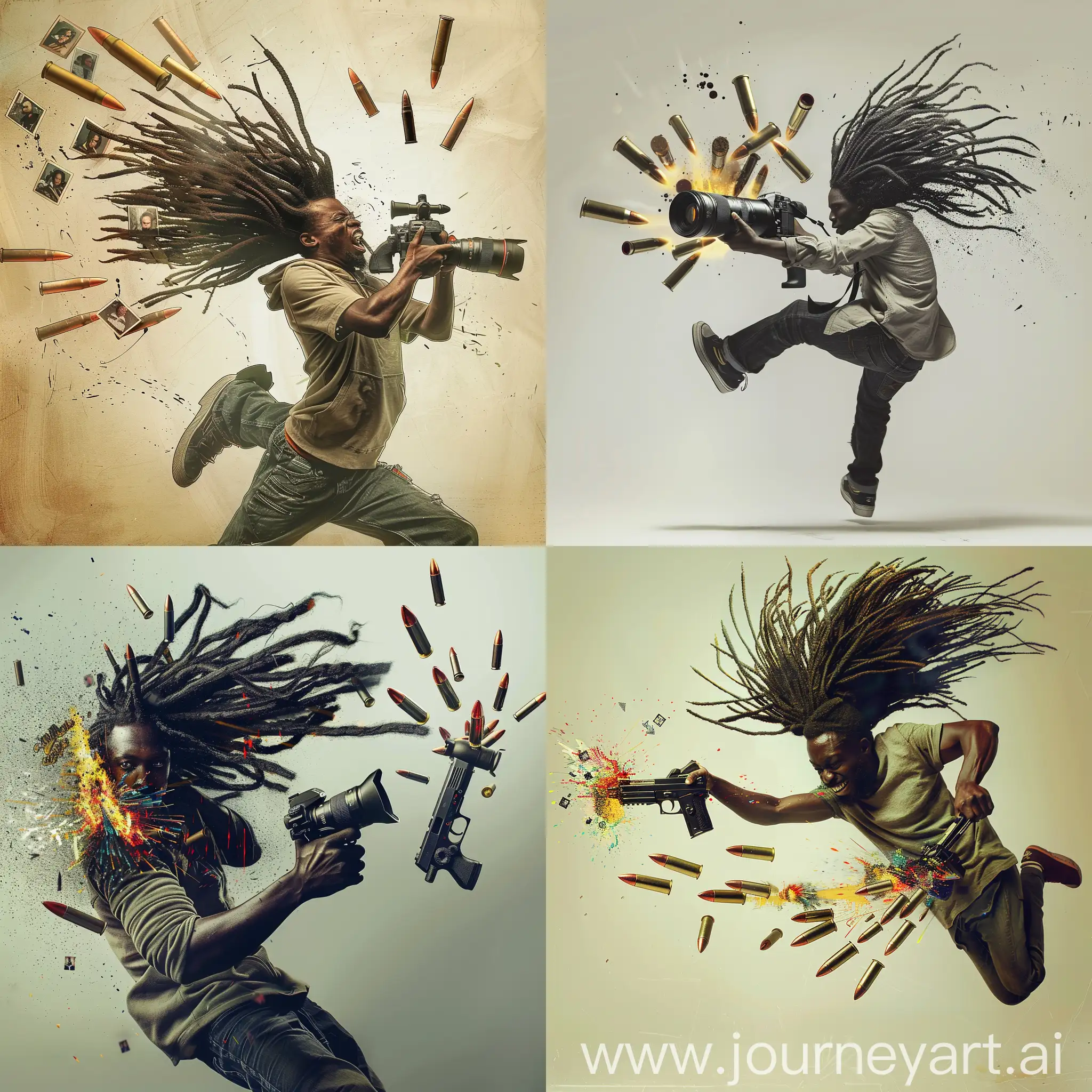 A black African photographer with locked hair spinning midair holding a camera that has a gun like trigger on the side and the camera producing bullets that are unfolding into images and portraits.