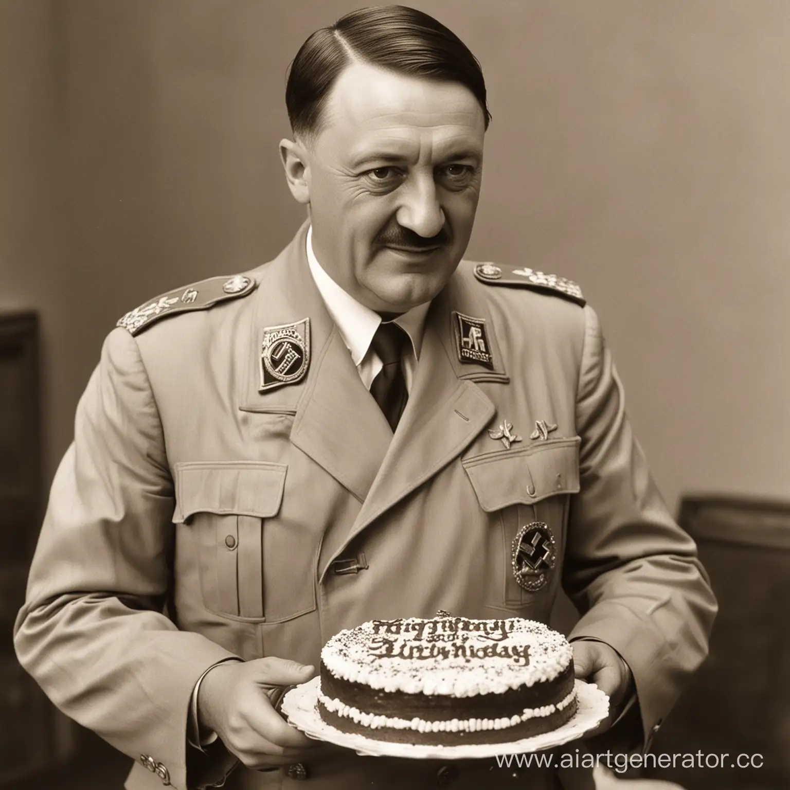 Гитлер у которого в руках торт с надписью:" Kirill Parneof" поздравляет с днем рождением